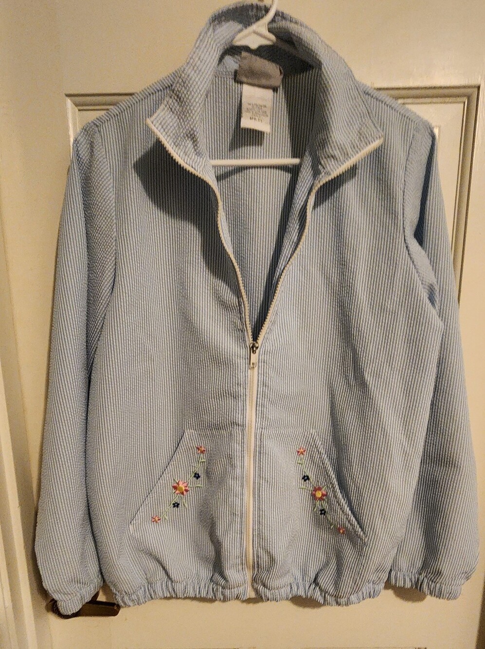 Vintage Seersucker Bomber Jacket with Floral Embroidery, SIze S Petite